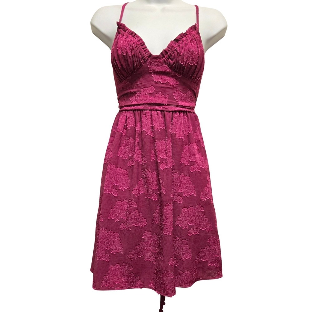 Wild Fable Magenta Pink Floral Jacquard Lace Up Back Mini Dress Ruffle‎ Trim S